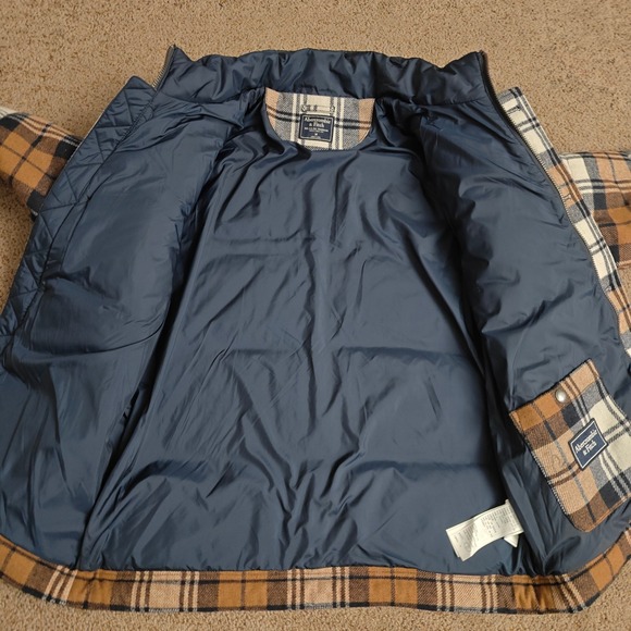 Abercrombie Jacket Mens Medium Brown Plaid Full Zip Outdoors Wool Puffer Coat - Picture 13 of 15